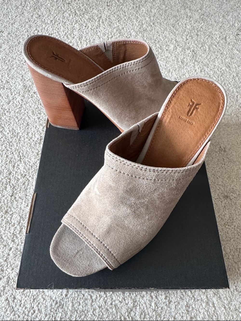 Frye Taupe Suede Open-Toe Block Heel Mules